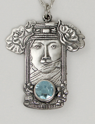 Sterling Silver Veiled Woman Maiden Pendant With Blue Topaz